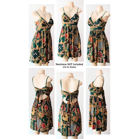 Green Gold Bow Tie Back Stretchy Jersey Knit Dress - Picture 6 of 7